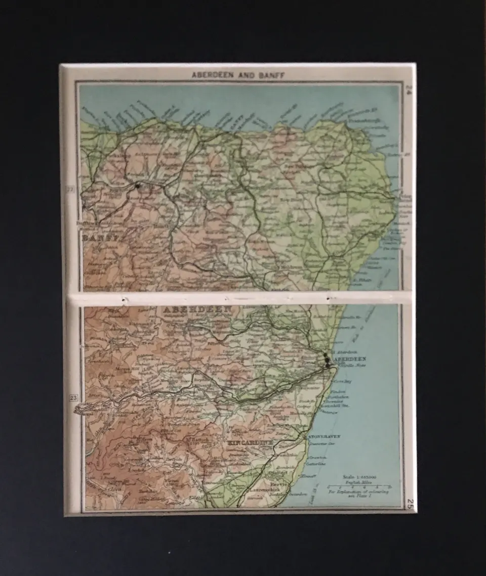 Aberdeen And Banff Scotland Coloured Mounted Antique Map.