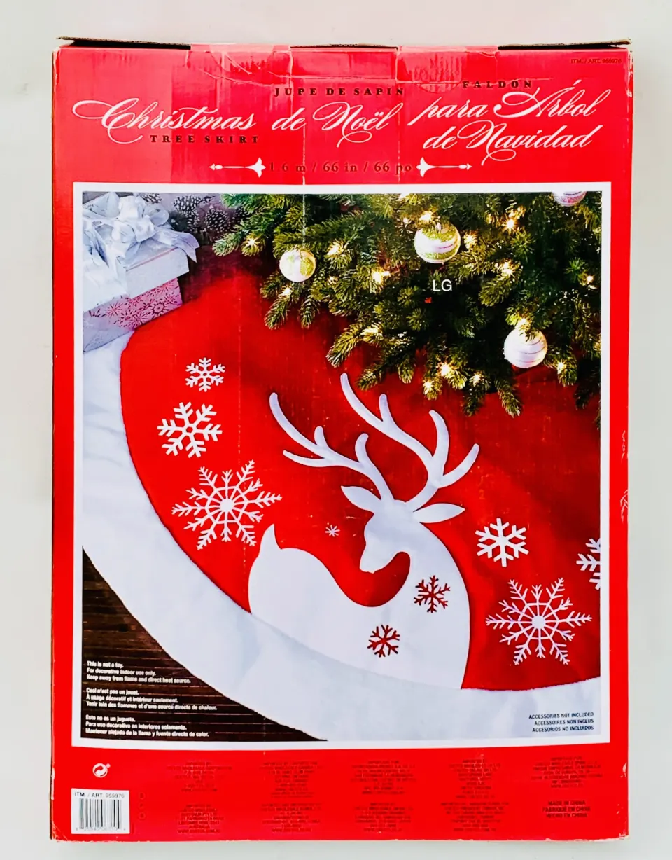 Christmas Tree Skirt Luxury Faux Fur Red Reindeer 1.6m 66 Inch New Sealed Box