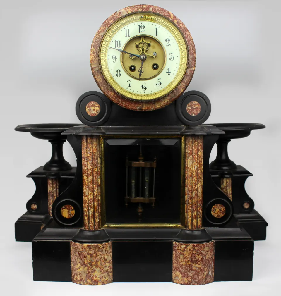 Mid-19th Century French Japy Frères Black Marble Clock Garniture Set