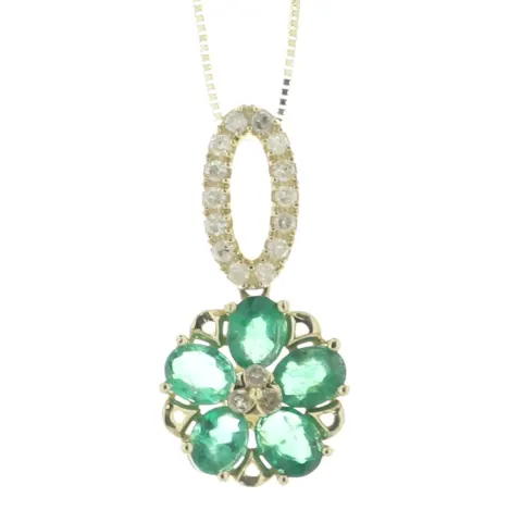 14ct Yellow Gold Flower Cluster Diamond And Emerald Pendant And 18" Chain 0.12 Carats