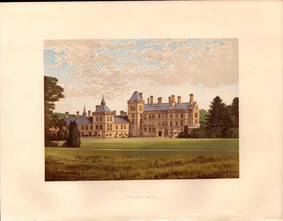 Walton Hall Warrington Lancs Gilt-Edge Coloured Antique Book Plate.