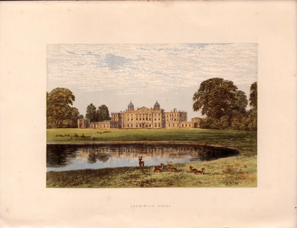 Badminton House Gloucestershire Gilt-Edge Coloured Antique Book Plate.