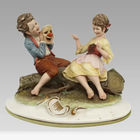 Capodimonte Figurine Girl & Boy with Clown Mask by Merli