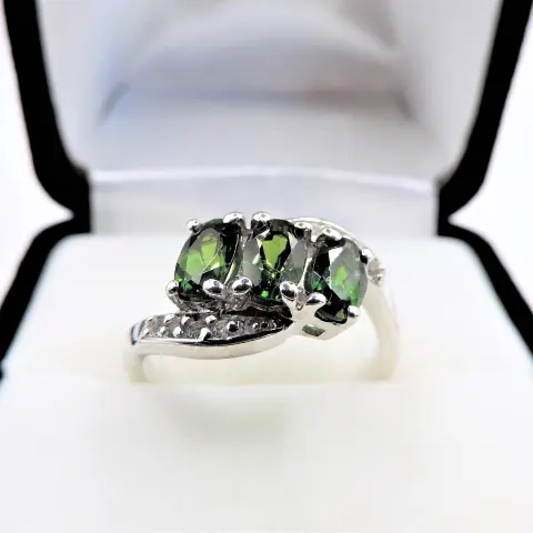 Green Diopside & White Topaz Ring Sterling Silver New with Gift Pouch