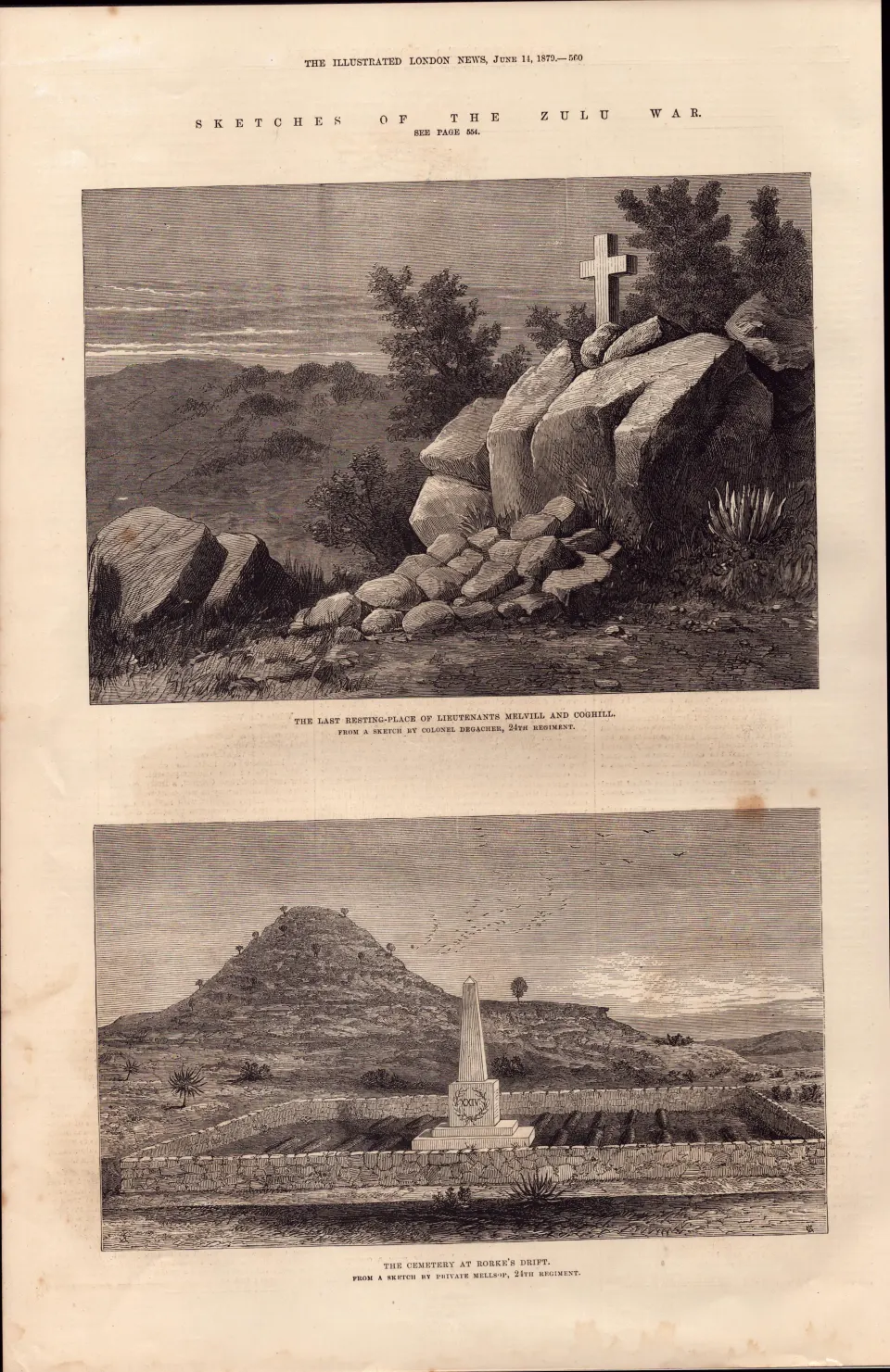 Zulu Wars the Cemetery At Rourke's Drift 1879 Antique Woodcut Print.