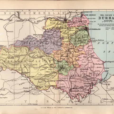 County Durham 1895 Antique Victorian Detailed Coloured Map.