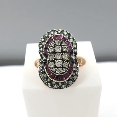 Large hand-made 8ct rose gold ruby and diamond ring