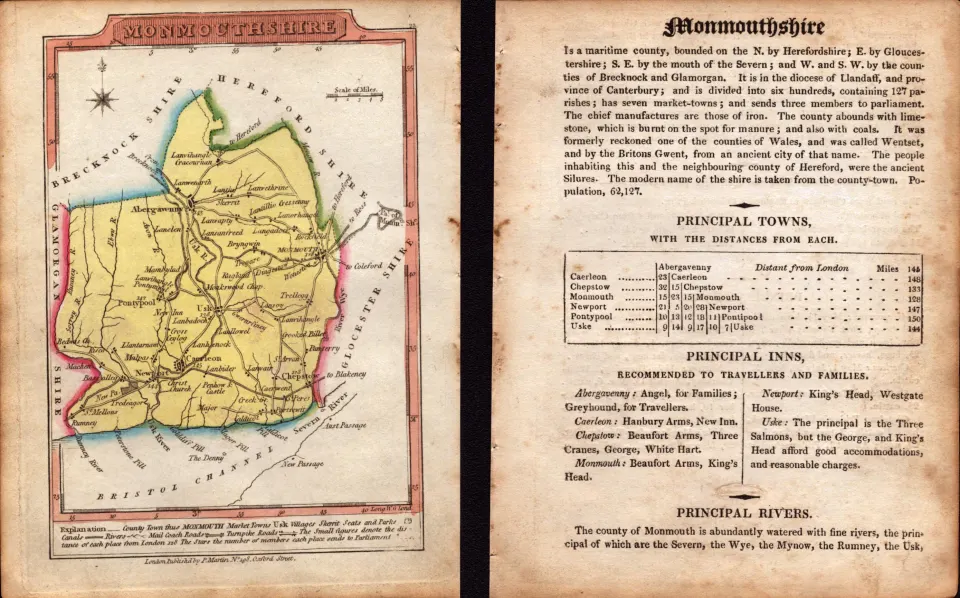 Monmouthshire Engraved Hand Coloured George IV Map & Text.