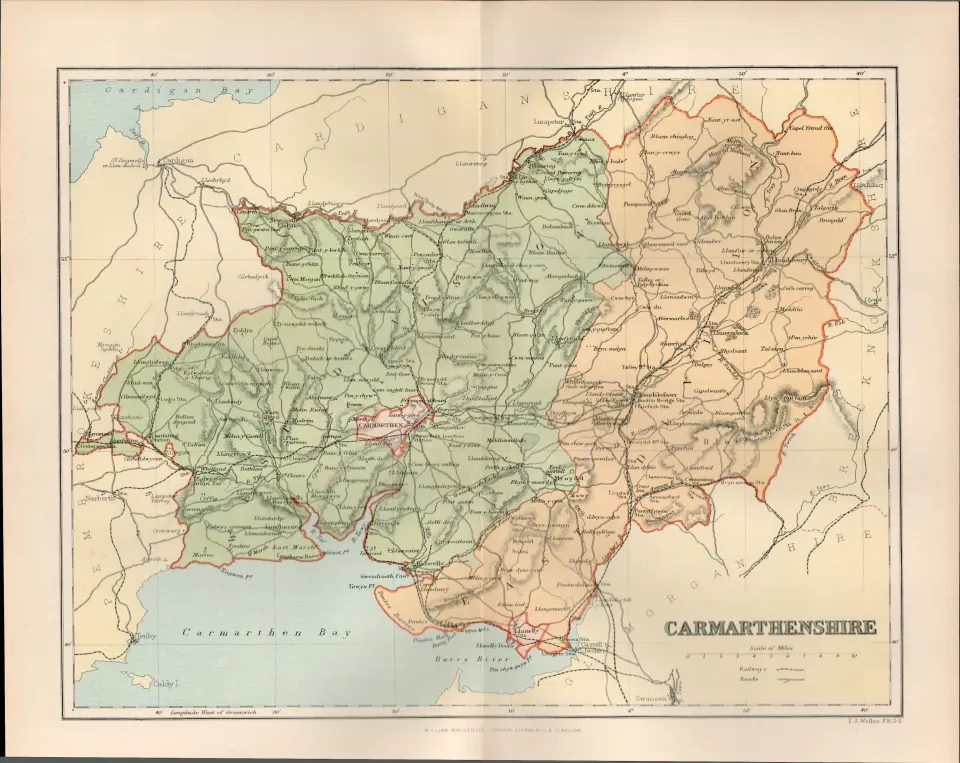 Wales Carmarthen Ammanford Kidwelly Llanelli Victorian Map.