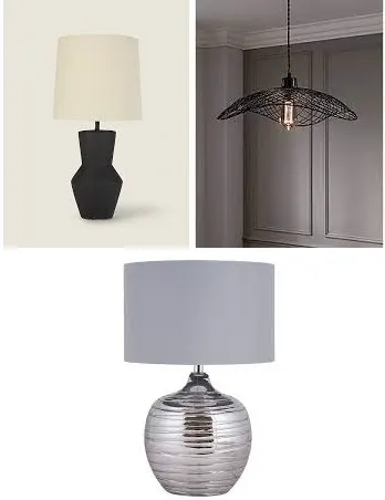 3 x Mixed Lights. 1 x Matt Black Table Lamp. 1 x Black Metal Abstract Easy Fit Shade. 1 x Chrome Ri