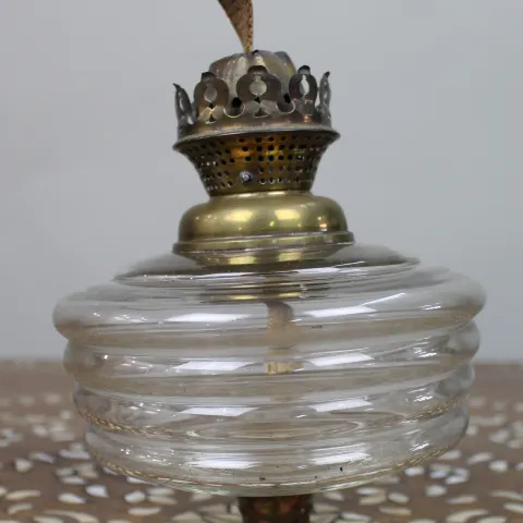 Antique Ribbed Glass and Brass Oil Lamp Font, c.1900
