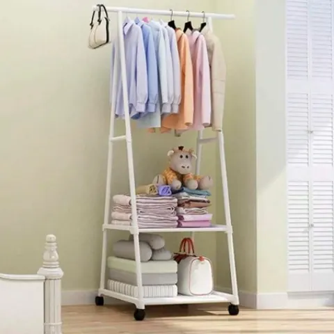Freestanding Metal Coat Rack with 2 Lower Storage Shelves and on Wheels L25
