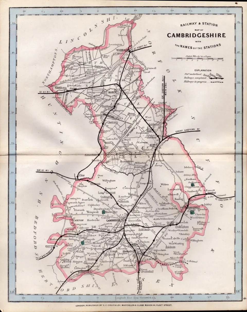 Cambridgeshire Cruchley Scarce Antique Railways & Stations Coloured Map.
