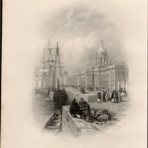 The Custom House Dublin Victorian Antique  1837 Engraving.
