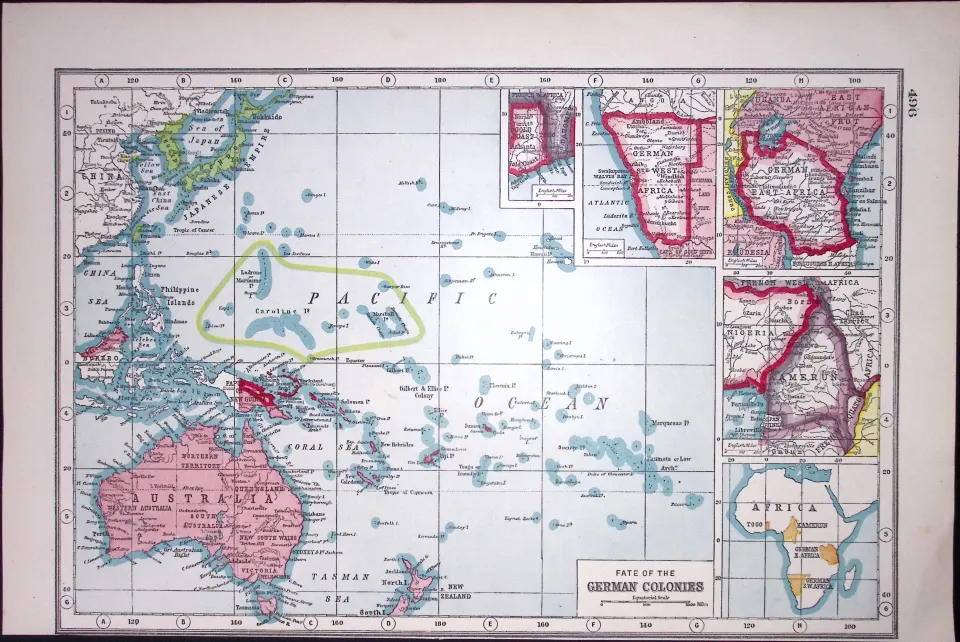 WW1 German Colonies Namibia Cameroon Benin Tanzania Antique Map