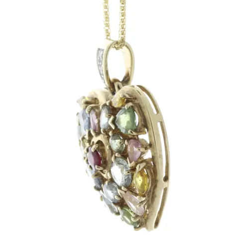 9ct Yellow Gold Diamond And Gem Heart Pendant and 18" Chain