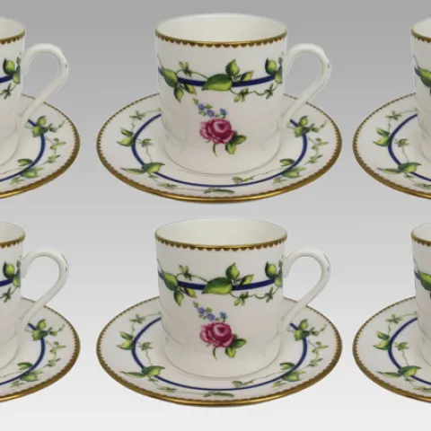 Set of 6 Royal Worcester Demitasse Coffee Cans & Saucers, Floral Garland Pattern