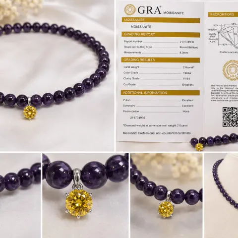Amethyst Beaded Necklace with 2.00ct Yellow Moissanite – GRA Certificate