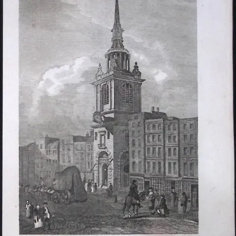 London Bow Church “Bow Bells”  Antique 200 Years-Old Steel-Engraving-83