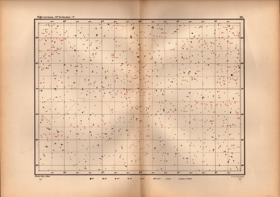 Star Atlas Declination 10 Hr -3 Degrees Astronomy Antique Map.