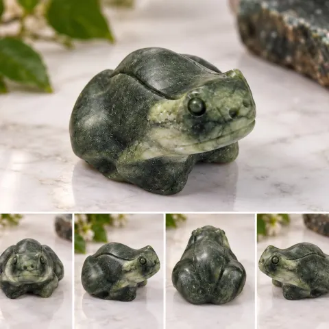 Green Stone Carved Frog Figurine – Hand Carved Decorative Sculpture