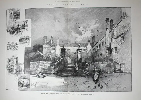 large Double Page 1899  Antique Print Hoghton Tower Lancashire.