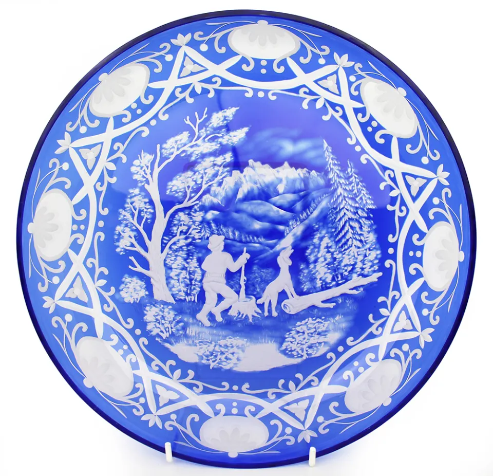 Blue Bohemian Overlay Cut Crystal Charger