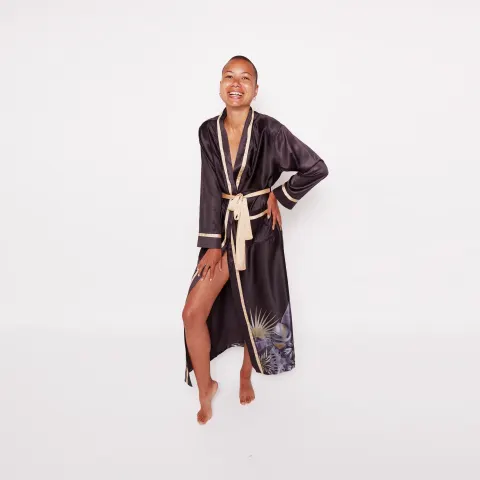 Black & Gold Floral Long Dressing Gown – Luxurious Satin Robe | RRP £45+ |  Stock Clearance