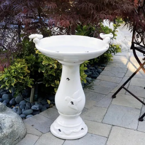 Alpine Corporation 25" Tall Outdoor Ceramic Antique Pedestal Birdbath With 2 Bird Figurines