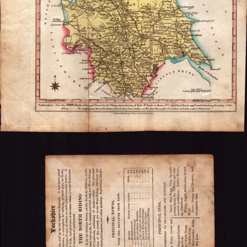 Yorkshire Engraved Hand Coloured George IV Antique Map & Text.