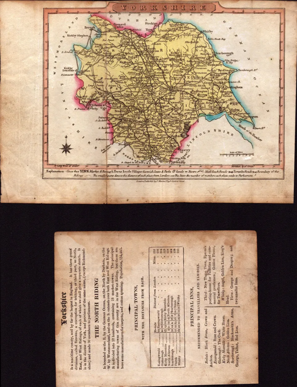 Yorkshire Engraved Hand Coloured George IV Antique Map & Text.