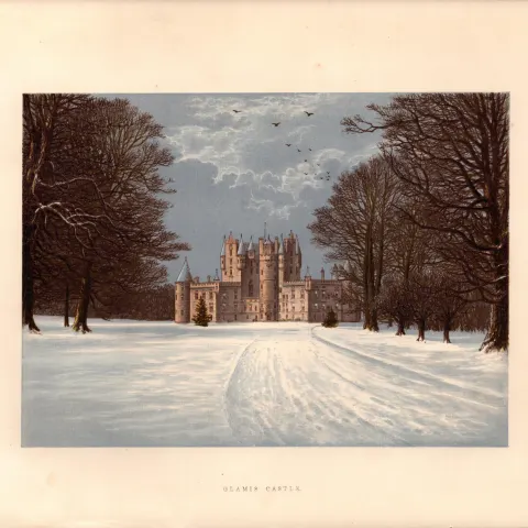 Glamis Castle Nr Forfar Scotland Gilt-Edge Coloured Antique Book Plate.
