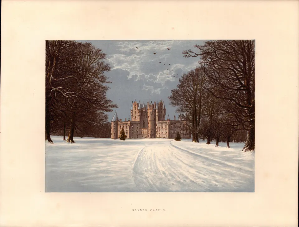 Glamis Castle Nr Forfar Scotland Gilt-Edge Coloured Antique Book Plate.