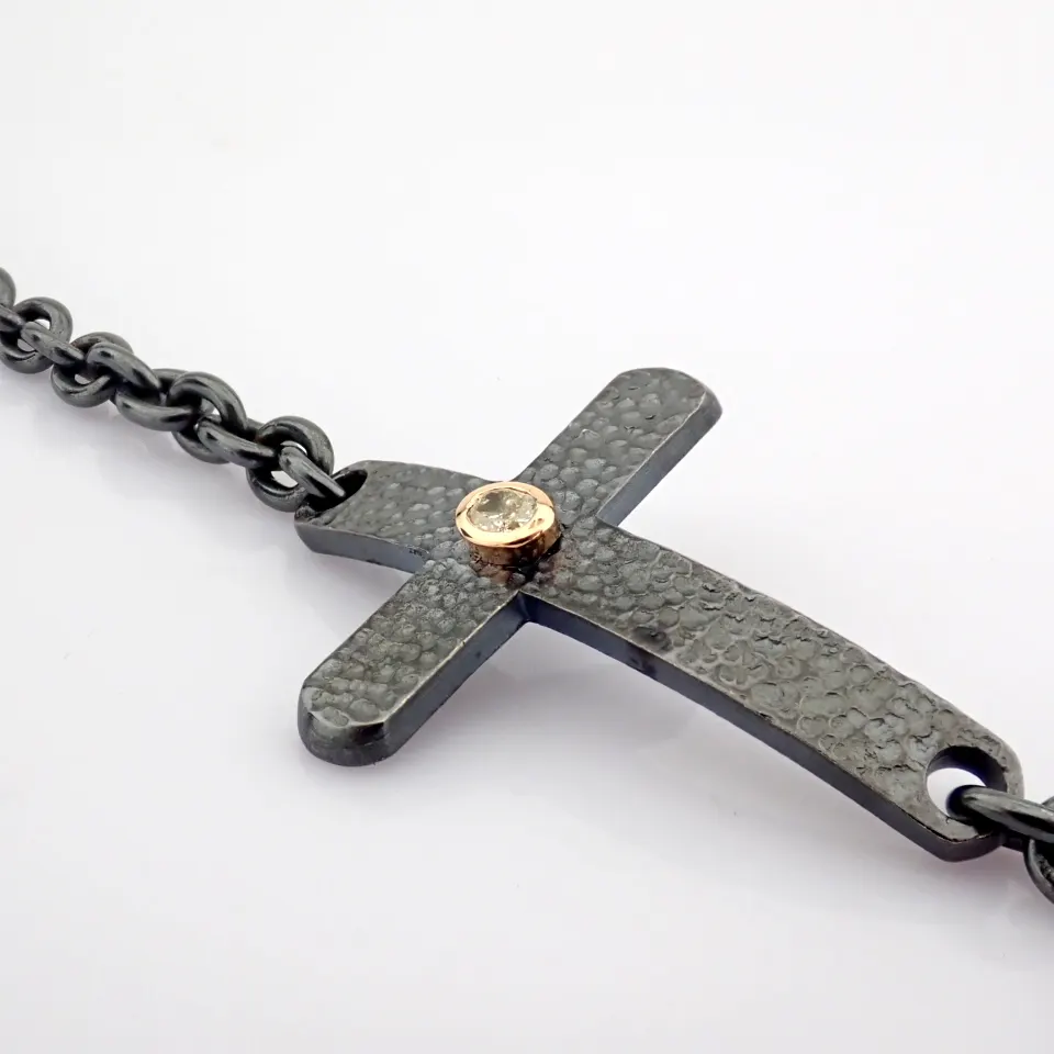 Cross Bracelet Detailed With Brilliant Diamonds and 18K Gold On Silver