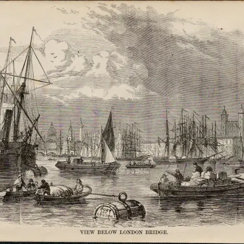 Victorian Traders London Bridge Rare Antique 1864 Henry Mayhew Print.