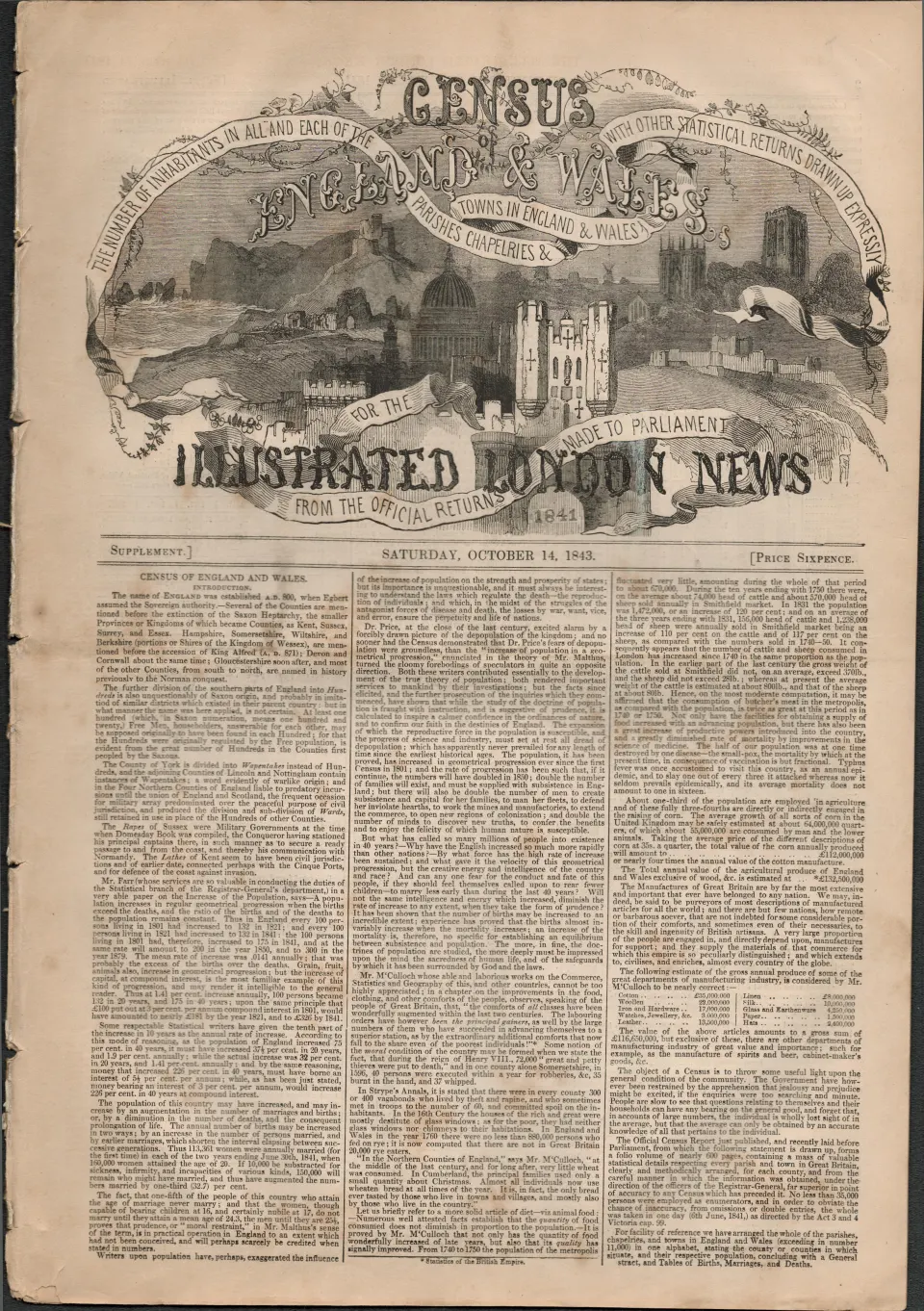 Census of England & Wales 1841 Antique 16 Page Supplement.