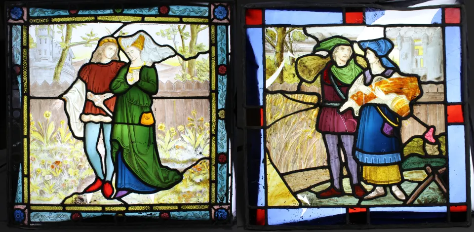 Pair of Antique Painted Stained Glass Panels – Gothic Revival, c.1880–1900