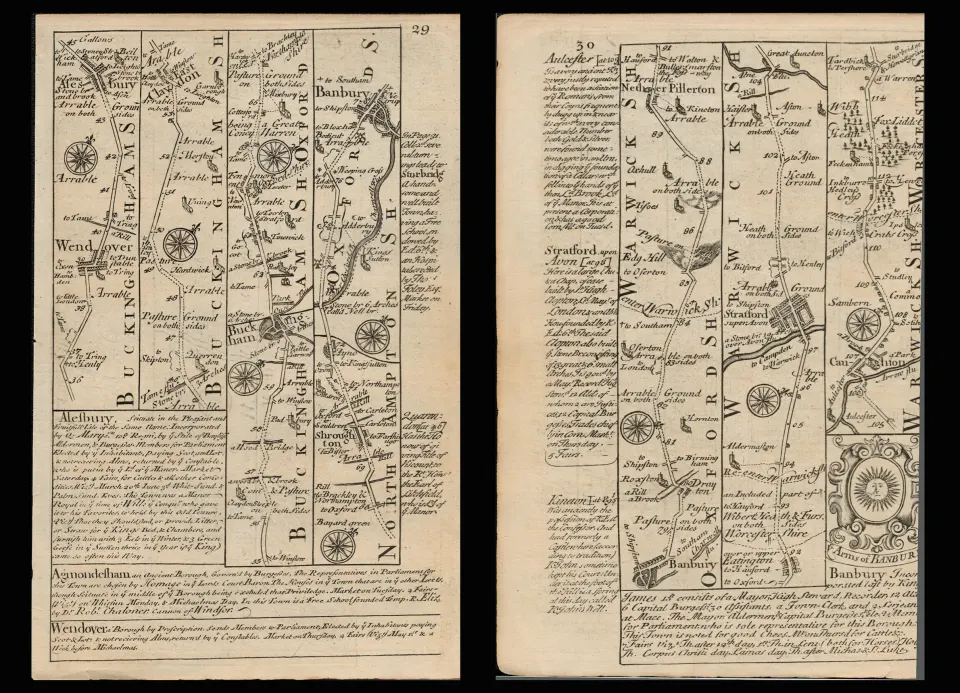 Bowen 290 Yrs Old Scarce Detailed Road Map Aylesbury, Stratford Upon Avon Banbury.