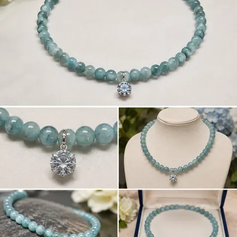 Blue Beaded Necklace with Moissanite Pendant