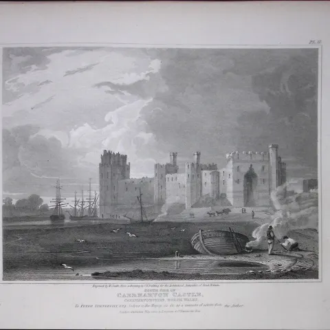 Caernarvon Castle Wales 190 Years-Old Rare John Britton Antique Steel Engraving-117