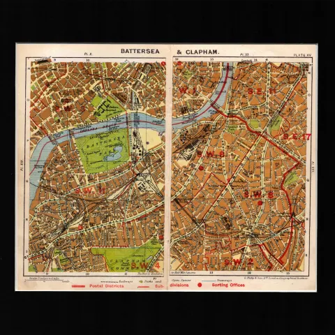 London District Battersea & Clapham Mounted Antique George V Map.