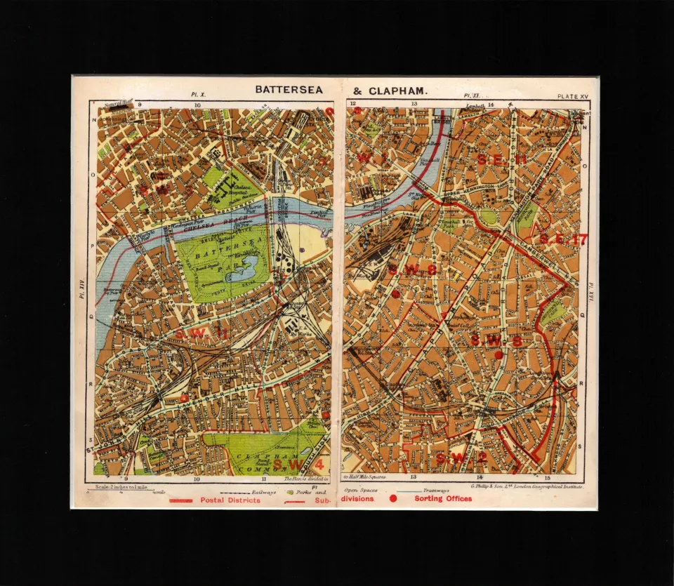 London District Battersea & Clapham Mounted Antique George V Map.