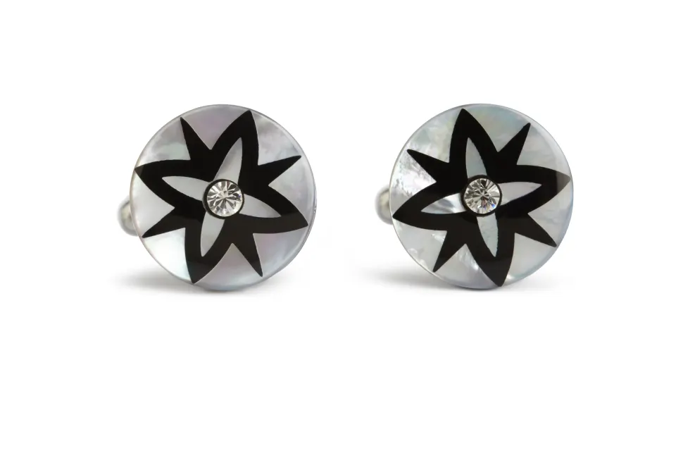 Round Mother of Pearl With Onyx Flower Cufflink - Unboxed x 5