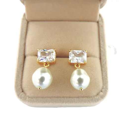 18k Gold 925 Silver 9 CT CZ Gemstone & Pearl Drop Earrings 'New'