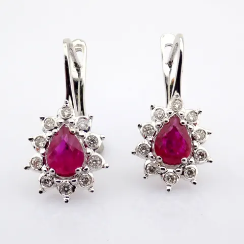 18K White Gold Cluster Earrings, Detailed With Ruby and Brilliant Diamonds