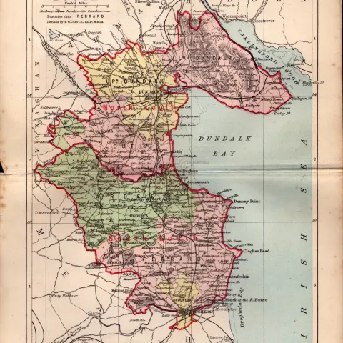 County Of Louth Ireland Antique Detailed Coloured Victorian Map.