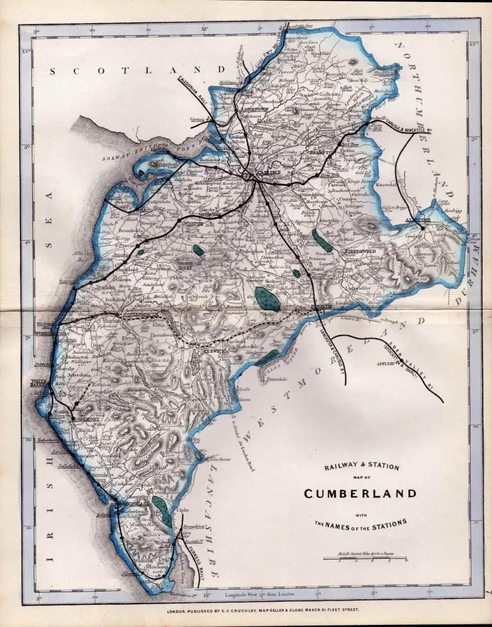 Cumbria & The Lakes Cruchley's Scarce Antique Railways & Stations Coloured Map.