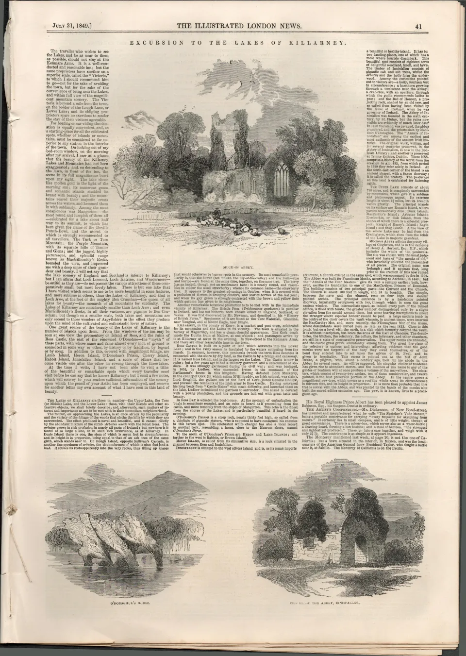 Mucross Abbey, O'Donoghue's Horse, Innisfallen Abbey Killarney 1849 Print