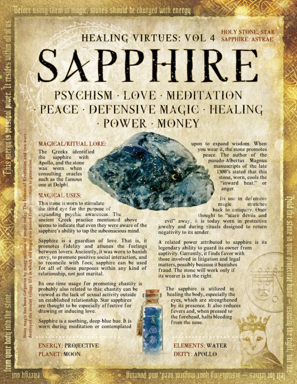 Crystals Gem Stone "Sapphire" Healing Virtues Designed Information Metal Wall Art