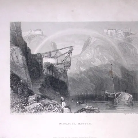 Tintagel Castle Cornwall WH Bartlett 1842 Antique Steel Engraving-15-TR.
